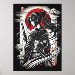 Affiche Guerrière Geisha Katana - Art de tatouage d'anime