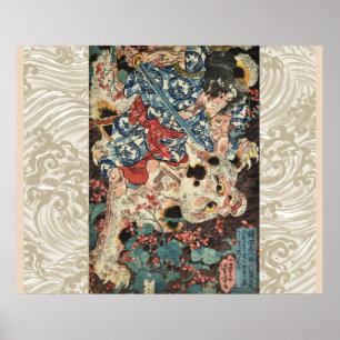 Affiche GUERRIÈRE JAPONAISE TUANT UN CHAT MONSTREUX Ukiyoe