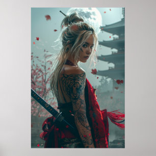 Affiche Guerrière samouraï femme avec katana — culture jap