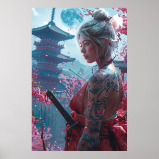 Affiche Guerrière samouraï femme avec katana — culture jap