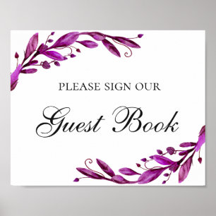 Affiche Guest book. Watercolor purple floral wedding