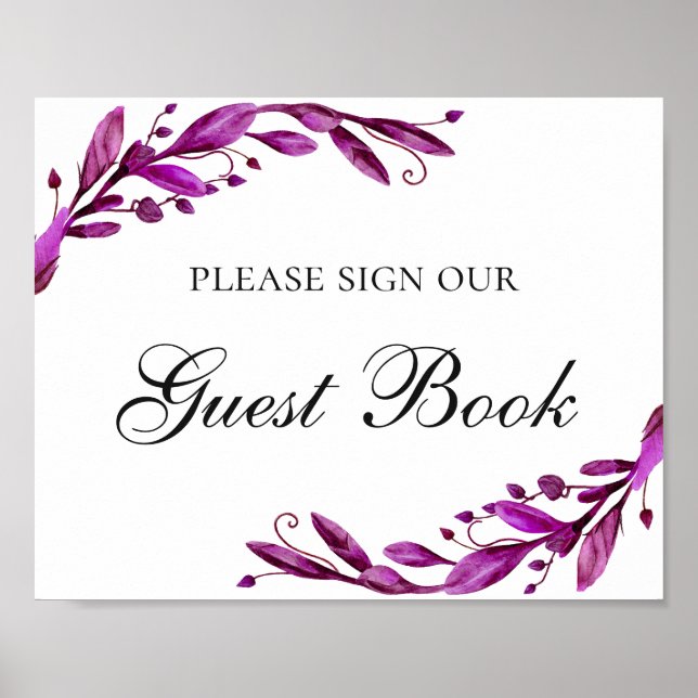 Affiche Guest book. Watercolor purple floral wedding (Devant)