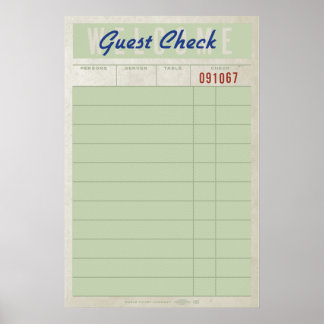 Affiche Guest Check – Vintage Diner Receipt Wall Art Print