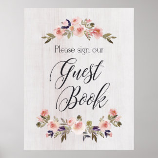 Affiche Guest signe du livre d'hôtes - bois rustique fleur