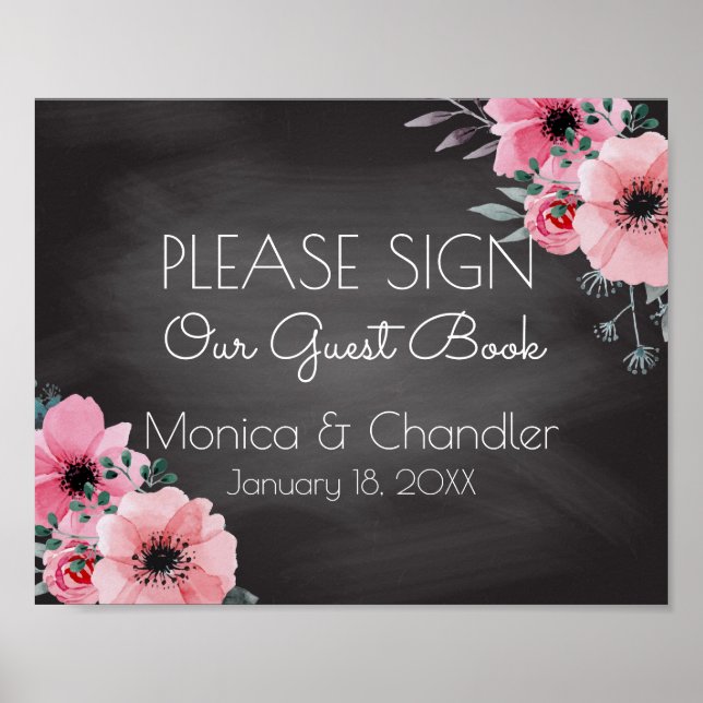 Affiche Guestbook Wedding Sign | Elegant Floral Chalkboard (Devant)