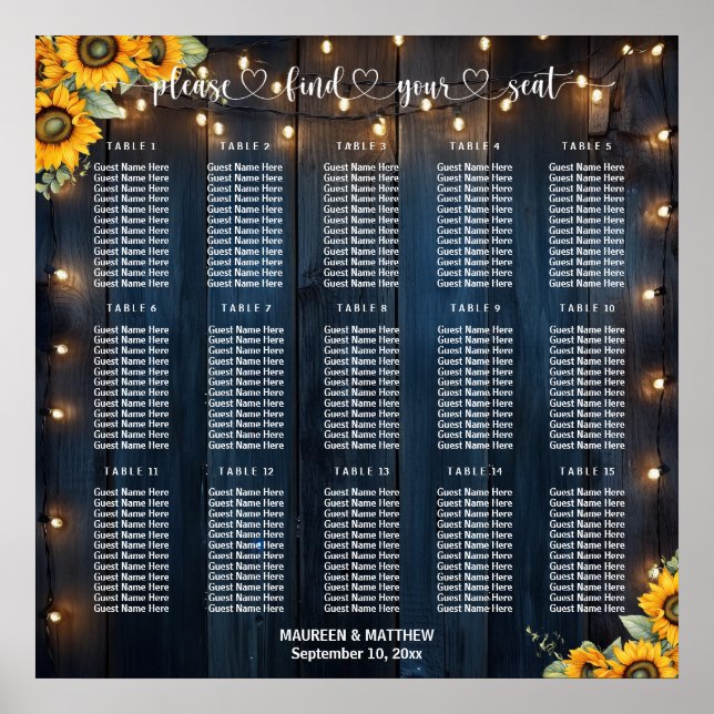 Affiche Guirlande de Bois Bleu 15 Tables Plan de Table de  (Devant)