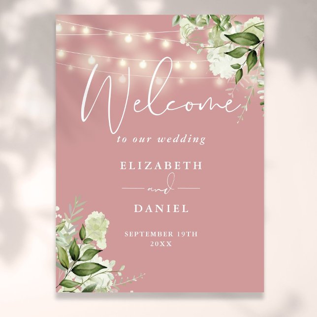 Affiche Guirlande de lumières rose poussiéreuse Fleurs Bie (Dusty Rose String Lights Floral Wedding Welcome Poster)