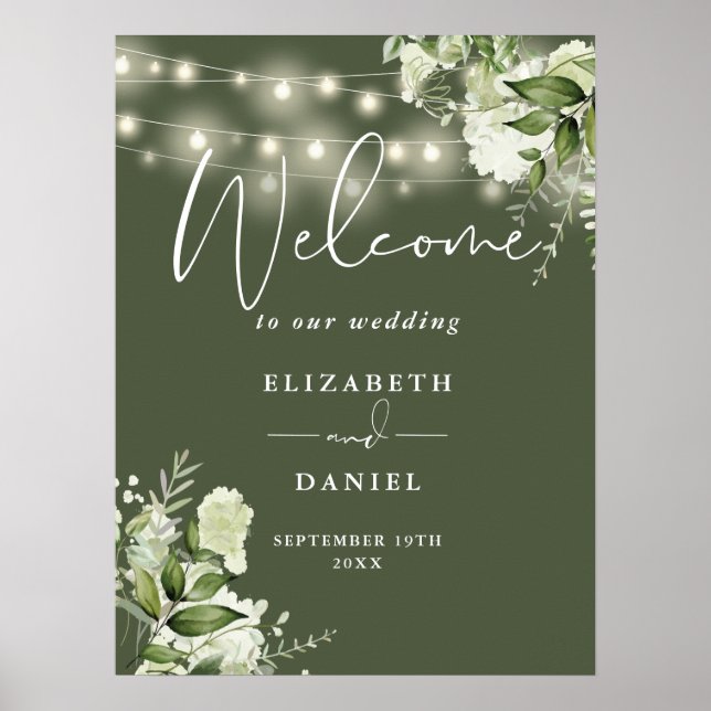 Affiche Guirlande de lumières vert olive Fleurs de mariage (Devant)