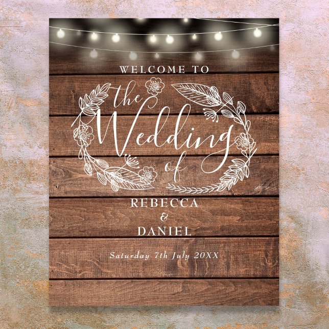 Affiche Guirlande Lumineuse en Bois Fleurie Panneau de Bie (Floral Wood String Lights Wedding Welcome Sign)