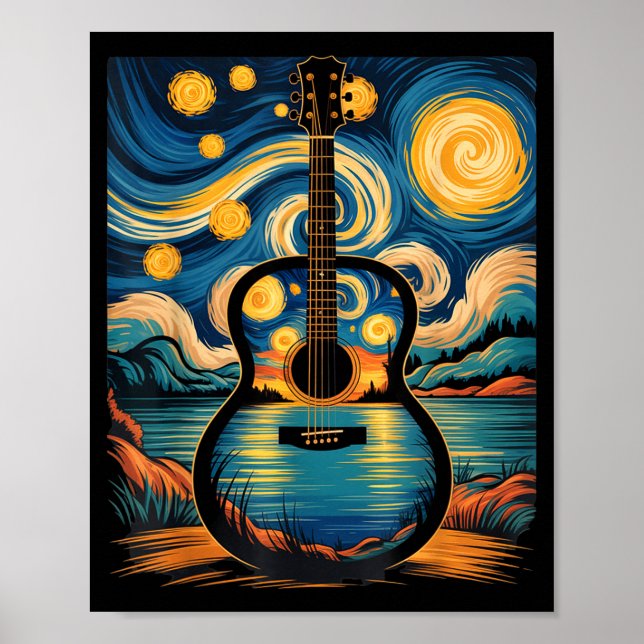 Affiche Guitar Lake Starry Night Music Guitarist Van Gogh  (Devant)