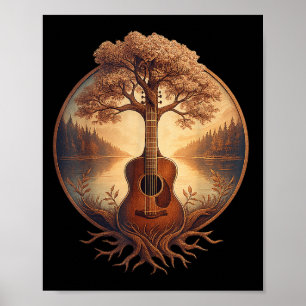 Affiche Guitare acoustique Arbre Lac Guitariste Musique co