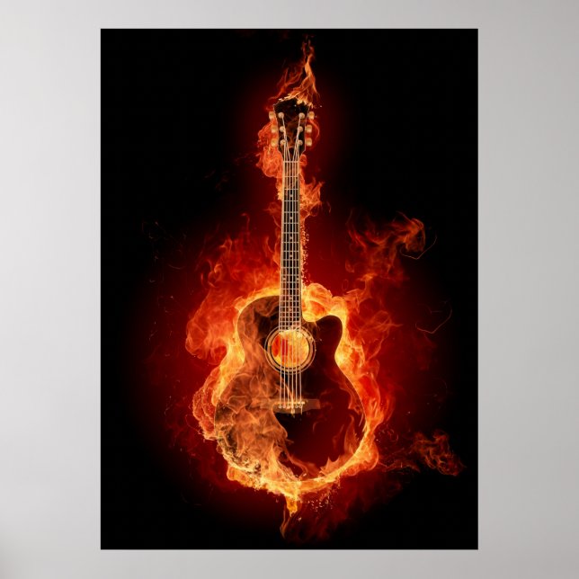 Affiche Guitare acoustique en flammes (Devant)