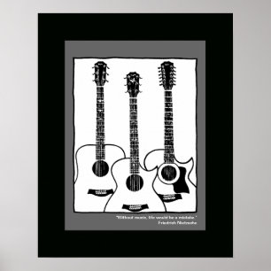 Affiche guitare acoustique graphique en noir blanc