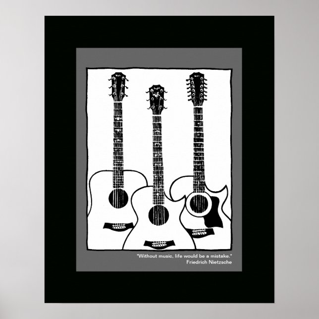 Affiche guitare acoustique graphique en noir blanc (Devant)