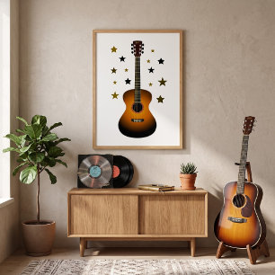 Affiche Guitare Acoustique Sunburst Or Noir Étoiles Musiqu