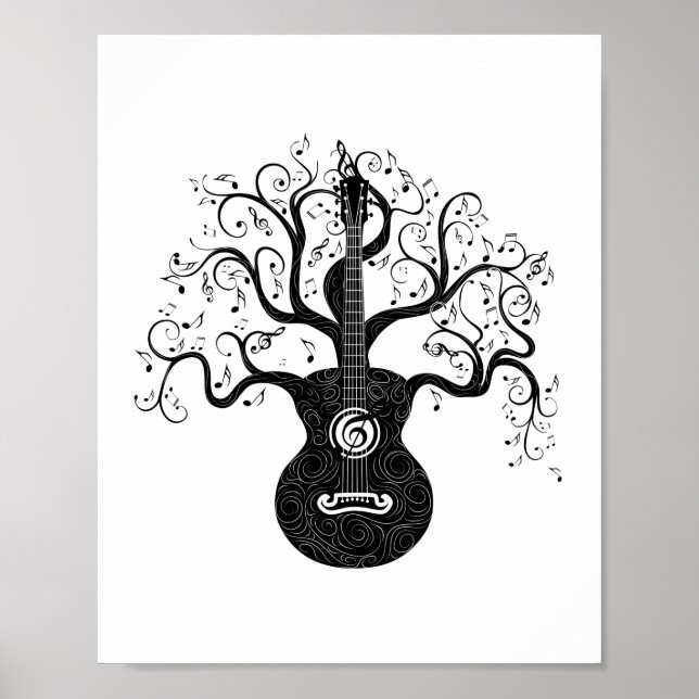 Affiche Guitare arbre de vie et notes musicales (Devant)