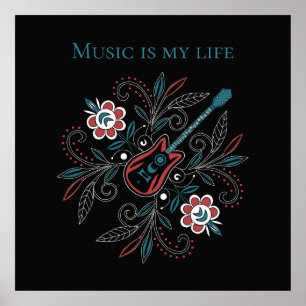 Affiche Guitare Boho Rock’n’Roll avec fleurs