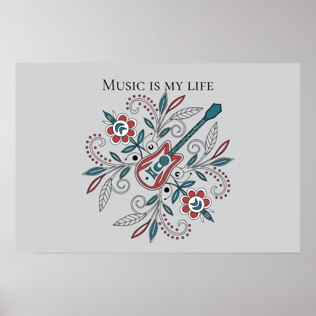 Affiche Guitare Boho Rock’n’Roll avec fleurs (Devant)