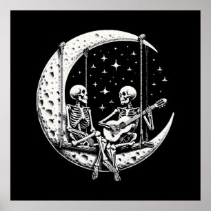 Affiche Guitare de lune de couple de squelettes