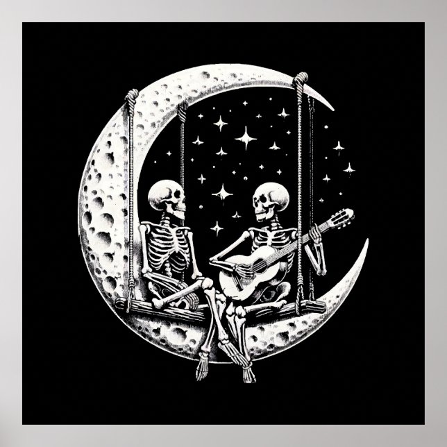 Affiche Guitare de lune de couple de squelettes (Devant)