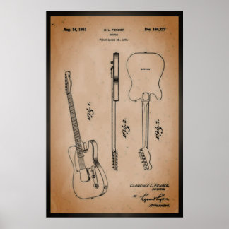 Affiche Guitare électrique géniale Art de brevet Cool et R