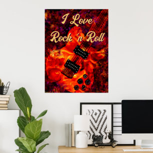 Affiche Guitare électrique sur feu Rouge Black Love Rock n