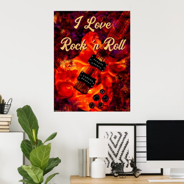 Affiche Guitare électrique sur feu Rouge Black Love Rock n (Bureau à domicile)