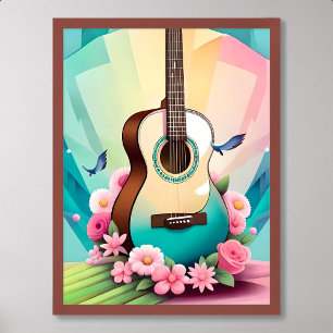 Affiche guitare peinture acoustique couleur fleur rose ros