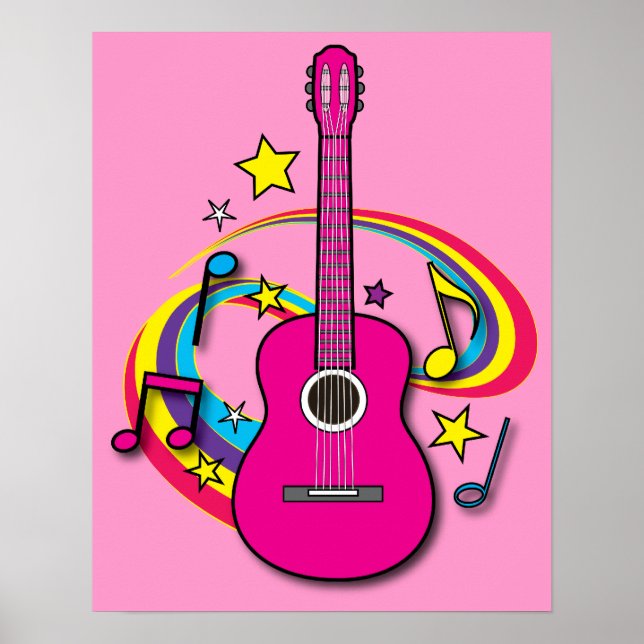 Affiche Guitare rose avec musique et arc en ciel (Devant)