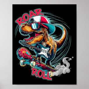 Affiche Guitare Skater T-rex Rugissement Rouler Dinosaure