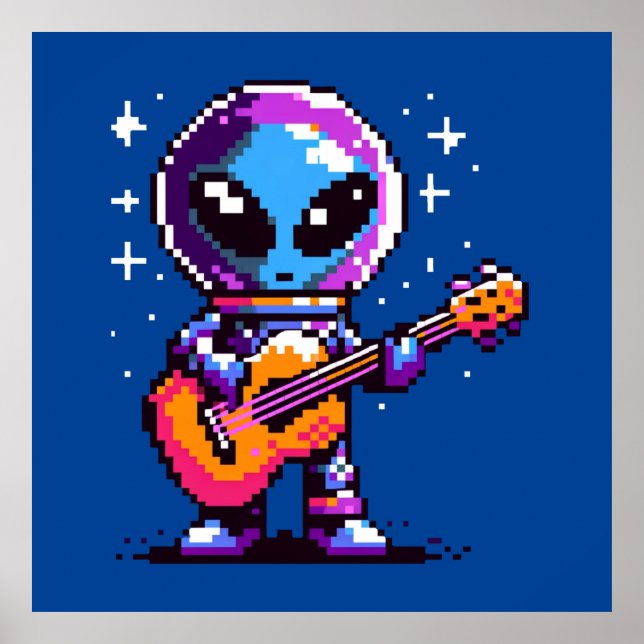 Affiche Guitariste Alien 8 bits - Musique spatiale Pixel R (Devant)
