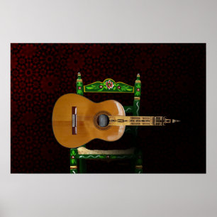 Affiche Guitarra española con Giralda de Sevilla y silla.