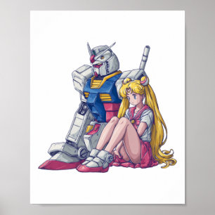 Affiche Gundam et Lune Un Mécha Magique Croisé