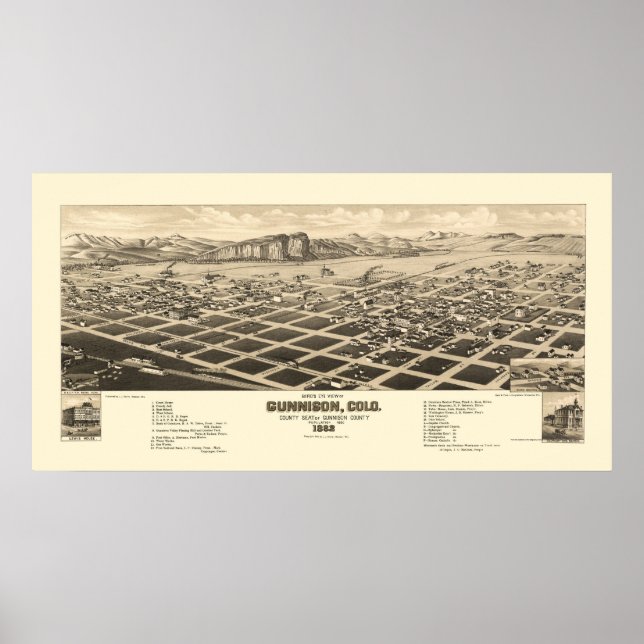 Affiche Gunnison, CO Carte panoramique - 1882 (Devant)