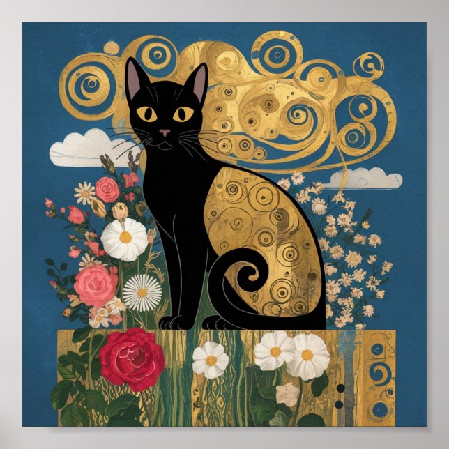 Affiche Gustav Klimt Chat Floral Noir, Art Éclectique Mode (Devant)