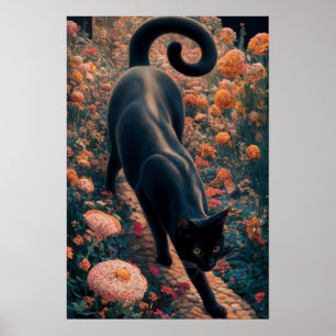 Affiche Gustav Klimt Chat noir dans un jardin de fleurs, A
