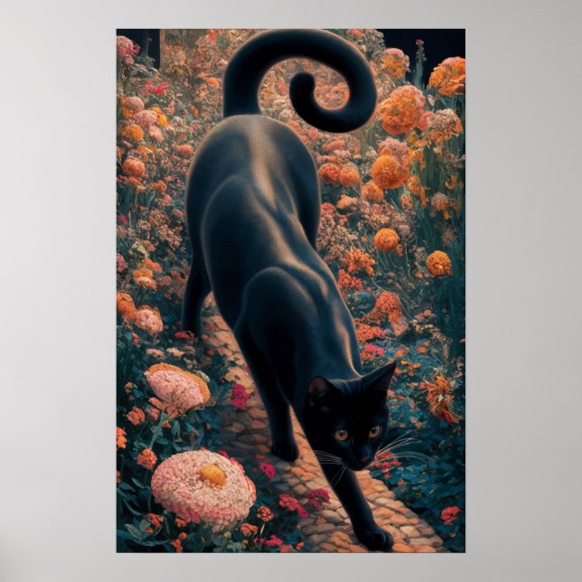Affiche Gustav Klimt Chat noir dans un jardin de fleurs, A (Devant)