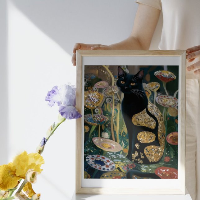 Affiche Gustav Klimt Chat noir dans un jardin de fleurs, A (Créateur téléchargé)