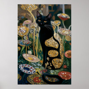 Affiche Gustav Klimt Chat noir dans un jardin de fleurs, A