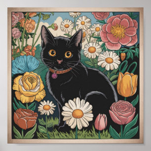 Affiche Gustav Klimt Chat noir dans un jardin de fleurs, A