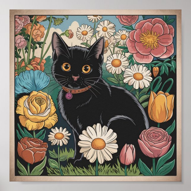 Affiche Gustav Klimt Chat noir dans un jardin de fleurs, A (Devant)