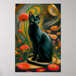 Affiche Gustav Klimt Chat noir dans un jardin fleuri, Art 