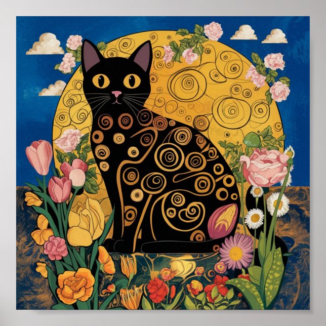 Affiche Gustav Klimt Chat Noir Floral, Art Éclectique Mode (Devant)