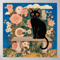 Gustav Klimt Chat Noir Floral Art Vintage Altéré