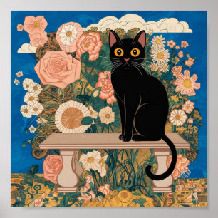 Affiche Gustav Klimt Chat Noir Floral Art Vintage Altéré
