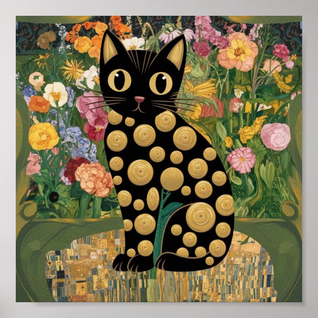 Affiche Gustav Klimt Fleur Chat Noir Art Éclectique Modern (Devant)
