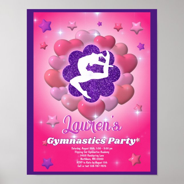 Affiche Gymnastique Anniversaire Soirée rose violet Invita (Devant)