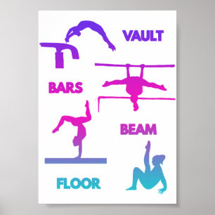 Affiche Gymnastique Rose Violet Turquoise Saut Barres Pout