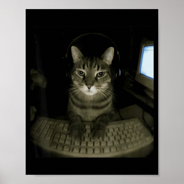 Affiche Hacker Cat Meme Funny Computer Cat Kitten Gamer Ca (Devant)