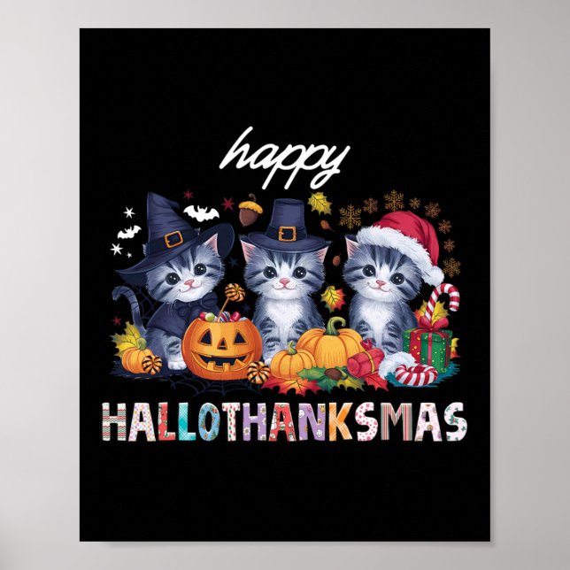 Affiche Hallothanksmas Chat Noël Halloween Thanksgivin (Devant)
